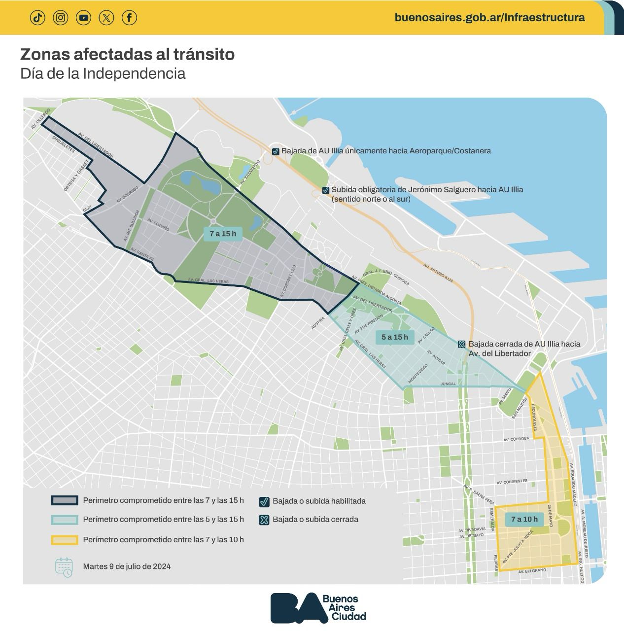 DESFILE MILITAR: ZONAS AFECTADAS CON CORTES DE TRANSITO