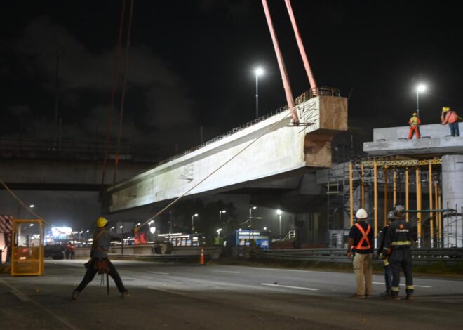 EN UN MEGAOPERATIVO NOCTURNO COLOCARON VIGAS DE 45 TONELADAS PARA AMPLIAR EL PUENTE LABRUNA SOBRE CANTILO